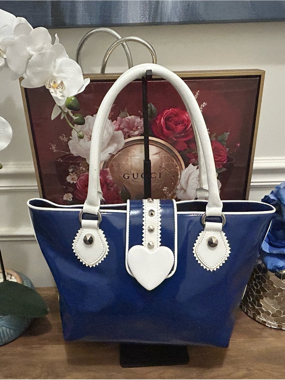 Betsey Johnson Royal Blue and White Patent Tote with Heart Accent